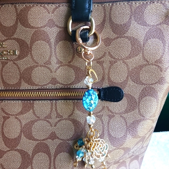 Artisan Handcrafted Handmade Gold Turquoise Charm Purse Jewelry Handbag Keychain - Picture 4 of 16